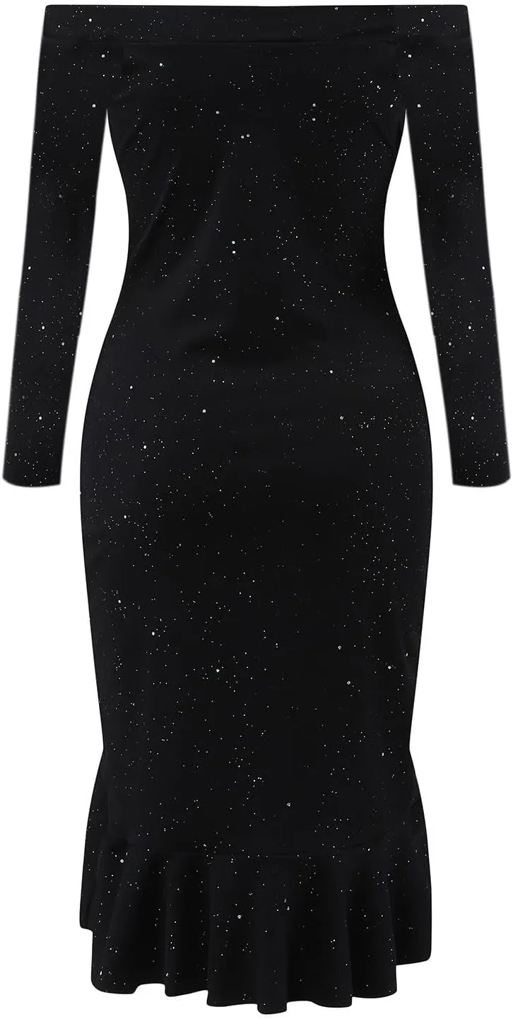 Oplxuo Off Shoulder Sequin Short Party Dresses for Women with Sleeves Glitter Ruffle Hem Slit Mini Formal Prom Cocktail Gown