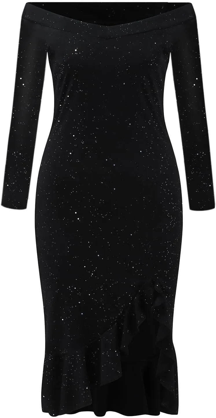 Oplxuo Off Shoulder Sequin Short Party Dresses for Women with Sleeves Glitter Ruffle Hem Slit Mini Formal Prom Cocktail Gown