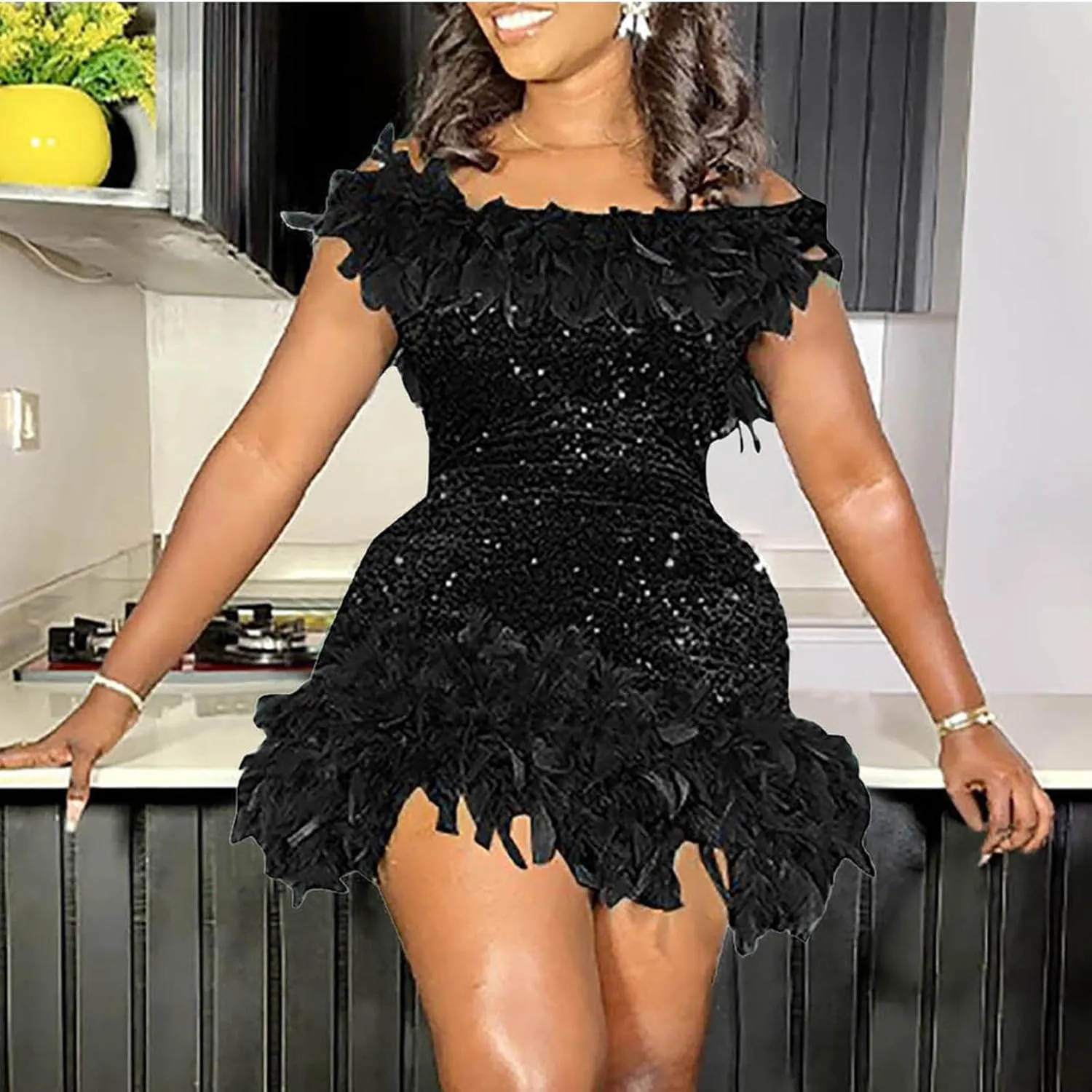 Oplxuo Sequins Feather Short Birthday Party Dresses for Women Off Shoulder Bodycon Dress Plus Size Cocktail Evening Gowns