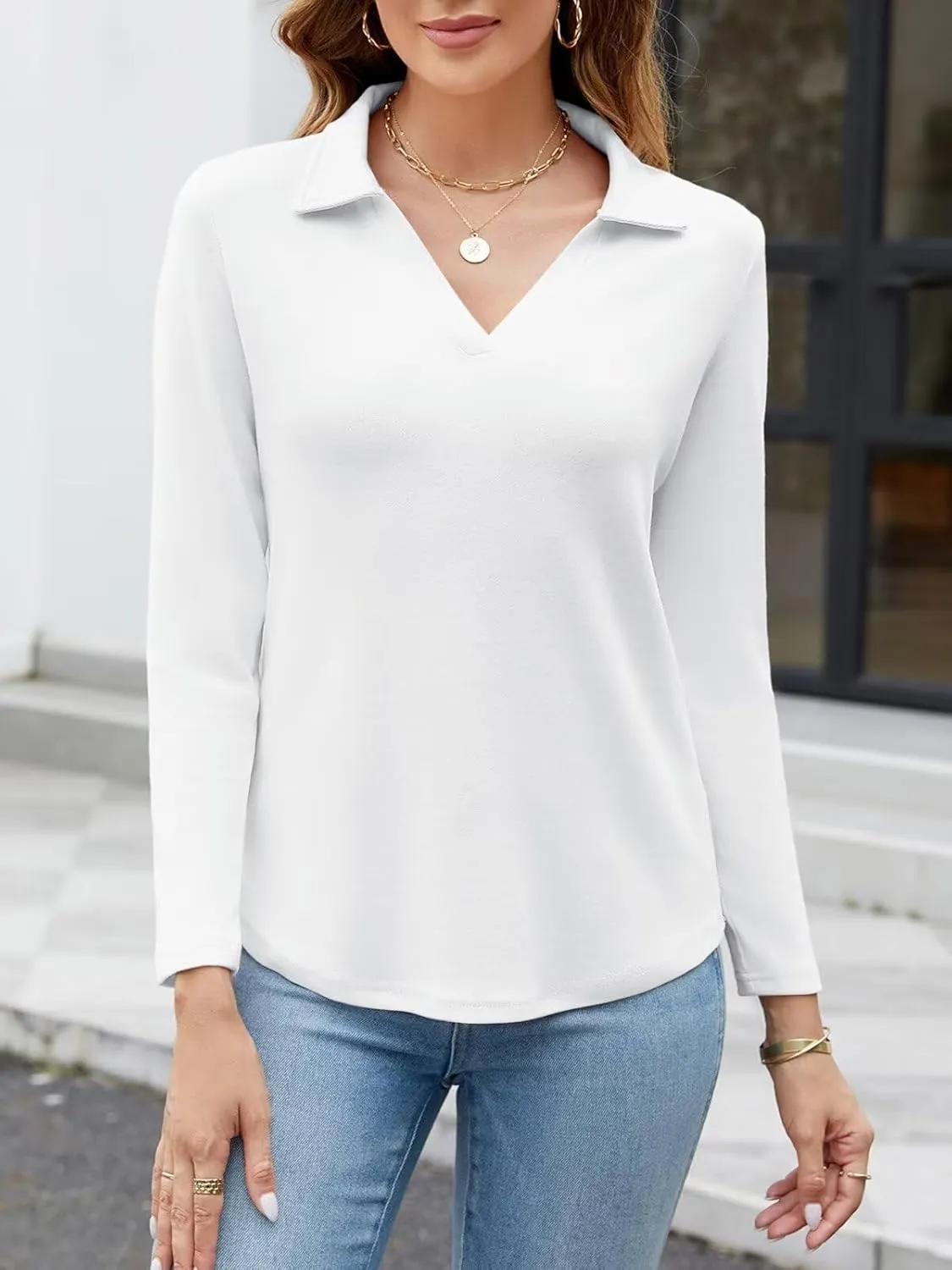 ORANDESIGNE Women's Long Sleeve Polo Shirts Casual Color Block V Neck Tops Fall Collar Ladies Tunics Tees