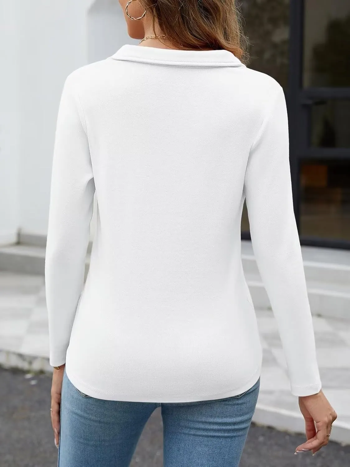 ORANDESIGNE Women's Long Sleeve Polo Shirts Casual Color Block V Neck Tops Fall Collar Ladies Tunics Tees