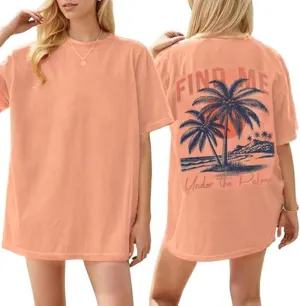 Oversized Coconut Tree Sunset Graphic T Shirt Women Vintage Letter Print Tee Summer Casual Vacation Hawaiian Shirt Tops
