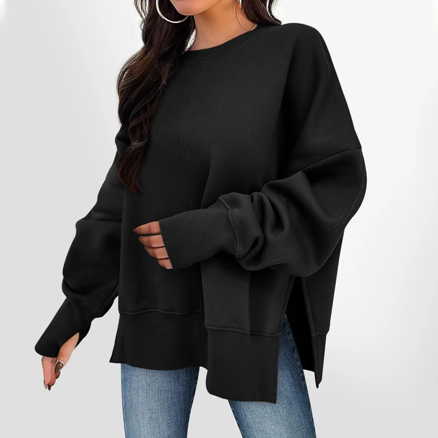 Oversized Sweatshirts for Women Loose Fit Long Sleeve Crew Neck Sweatshirts Casual Split Hem Thumb Hole Pullover