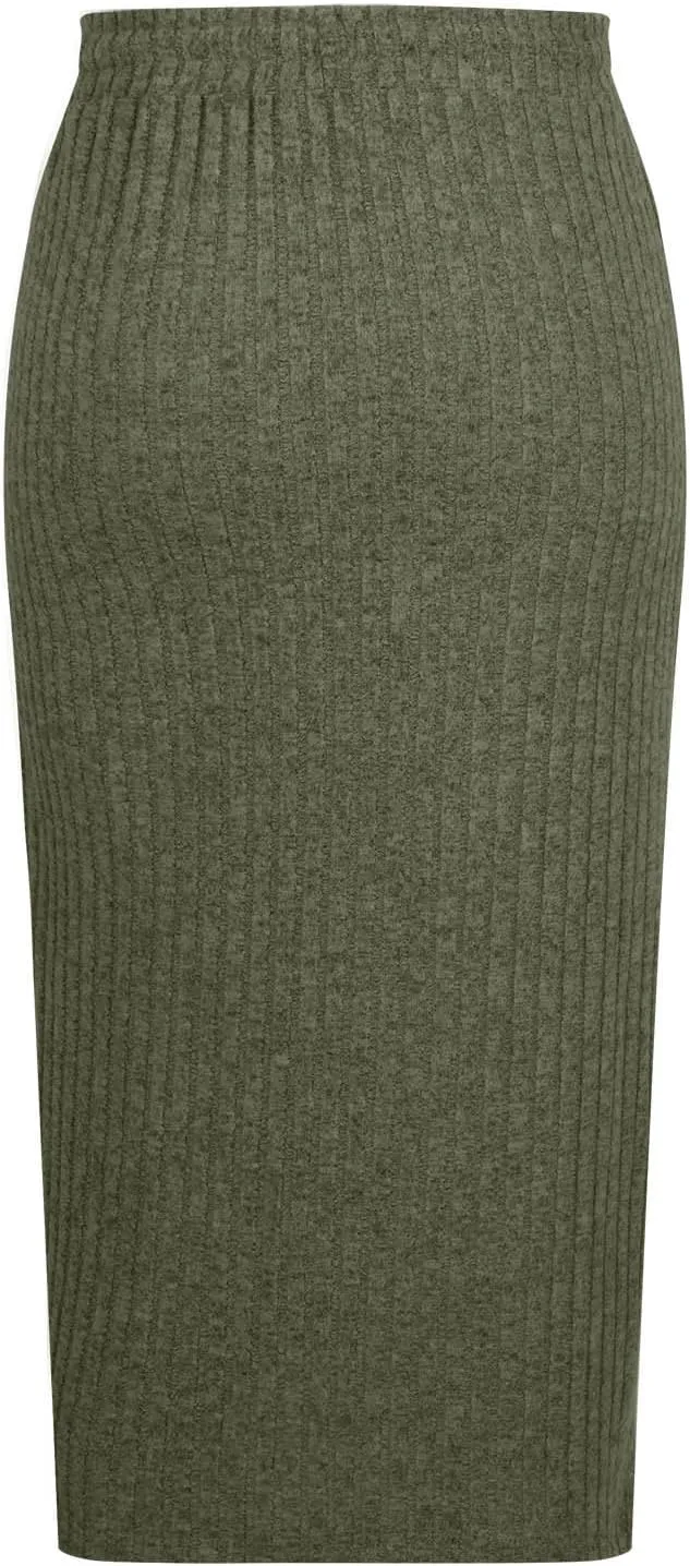Pencil Skirts for Women Casual Solid Color Knit Ribbed High Waist Lace Up Bodycon Midi Skirts