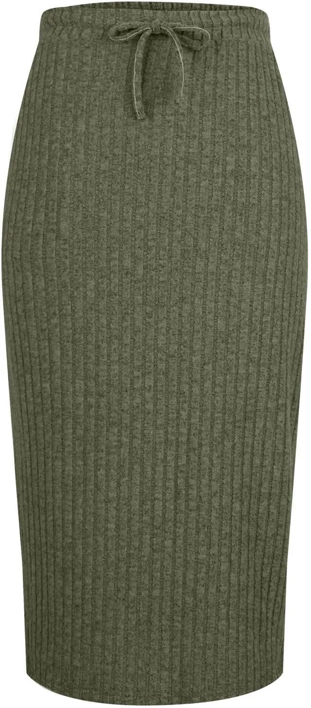 Pencil Skirts for Women Casual Solid Color Knit Ribbed High Waist Lace Up Bodycon Midi Skirts