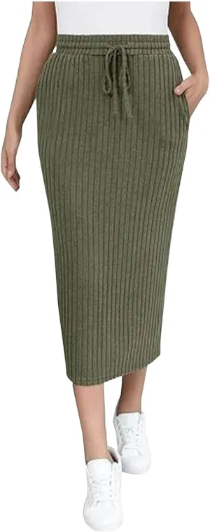 Pencil Skirts for Women Casual Solid Color Knit Ribbed High Waist Lace Up Bodycon Midi Skirts