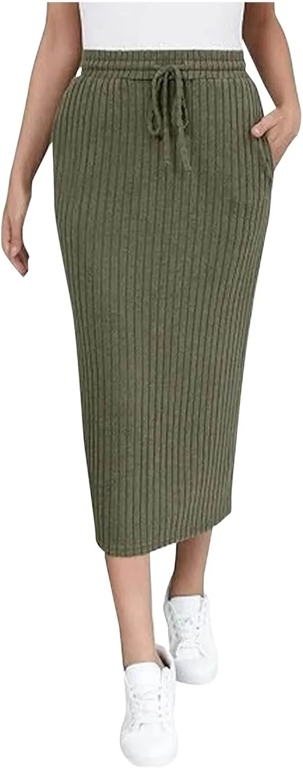 Pencil Skirts for Women Casual Solid Color Knit Ribbed High Waist Lace Up Bodycon Midi Skirts