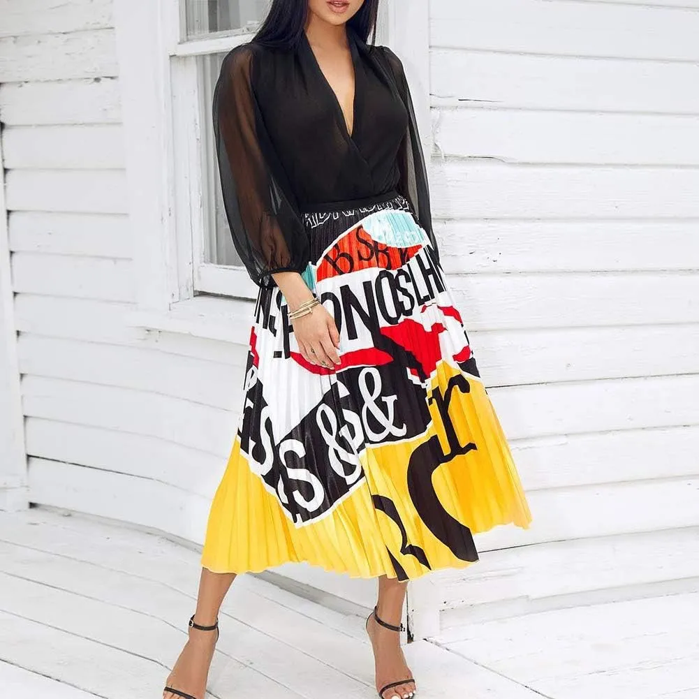 Pleated Skirt for Women Fashion Cartoon Print A-Line Skirt Vintage Skirts