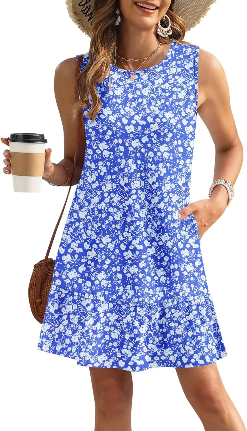 PLOKNRD Women's Summer Dresses Casual Sleeveless Ruffle Hem Tshirt Sundress Loose Beach Tank Dress Pockets 2025
