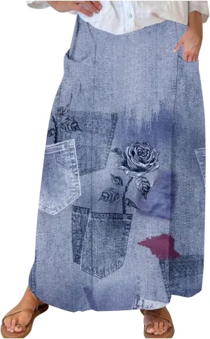 Plus Size Skirts for Women Retro Imitation Denim Print Beach Skirt 2025 Summer Flowy Midi Skirt with Pocket