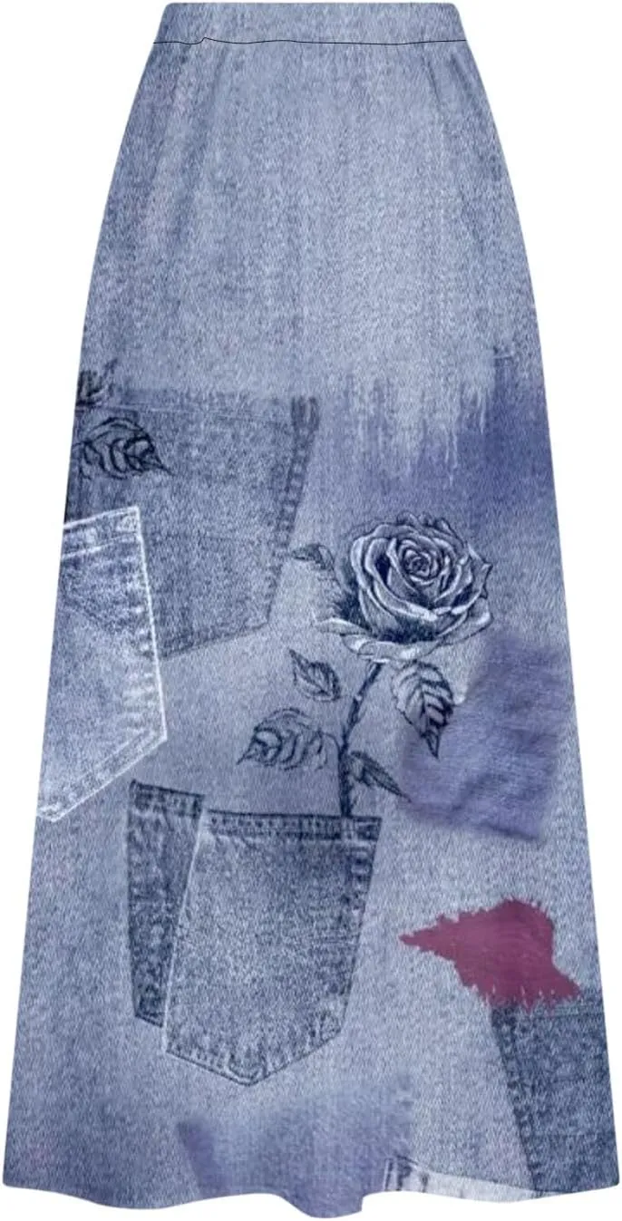 Plus Size Skirts for Women Retro Imitation Denim Print Beach Skirt 2025 Summer Flowy Midi Skirt with Pocket