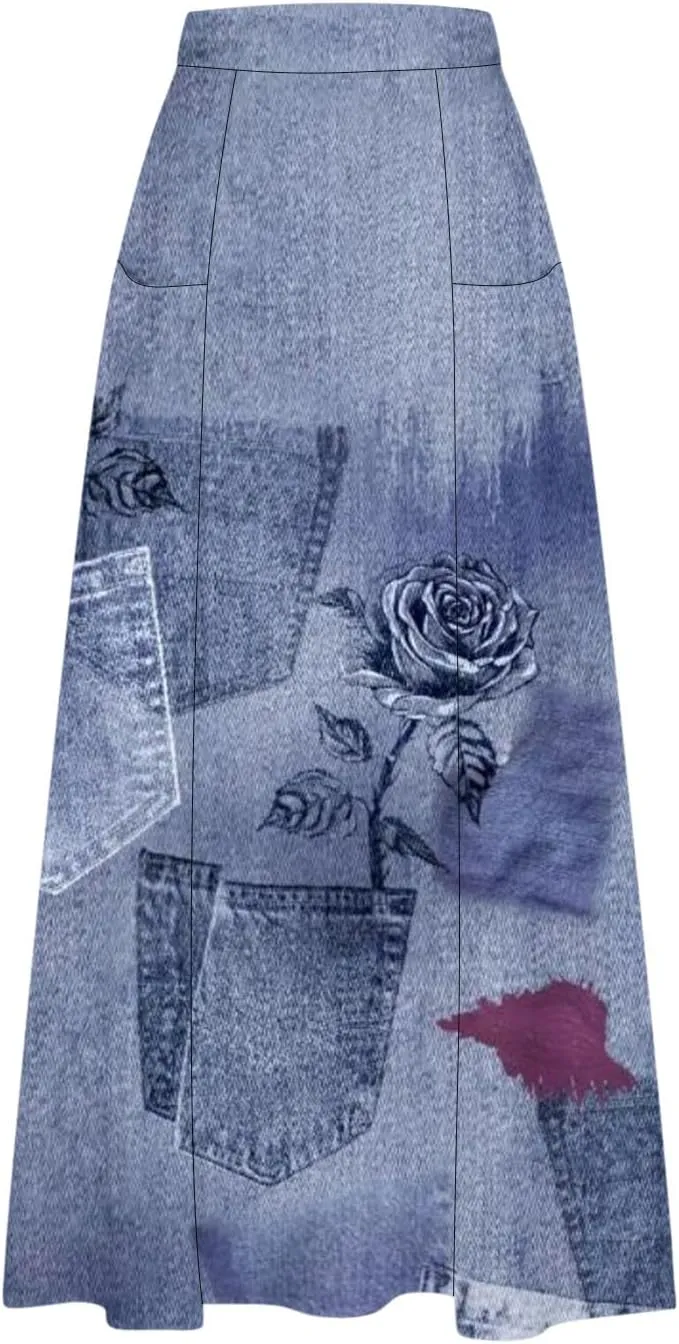 Plus Size Skirts for Women Retro Imitation Denim Print Beach Skirt 2025 Summer Flowy Midi Skirt with Pocket