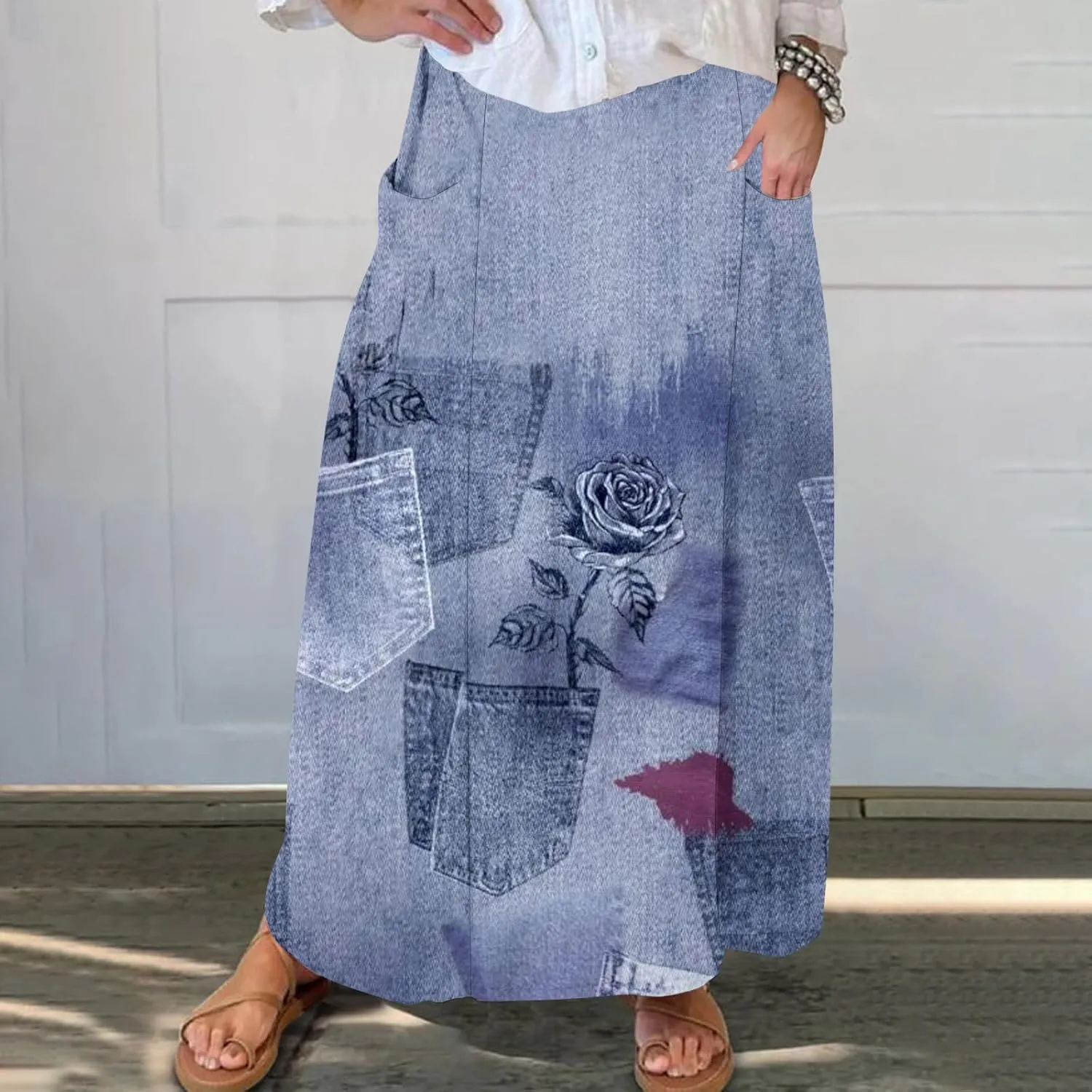 Plus Size Skirts for Women Retro Imitation Denim Print Beach Skirt 2025 Summer Flowy Midi Skirt with Pocket