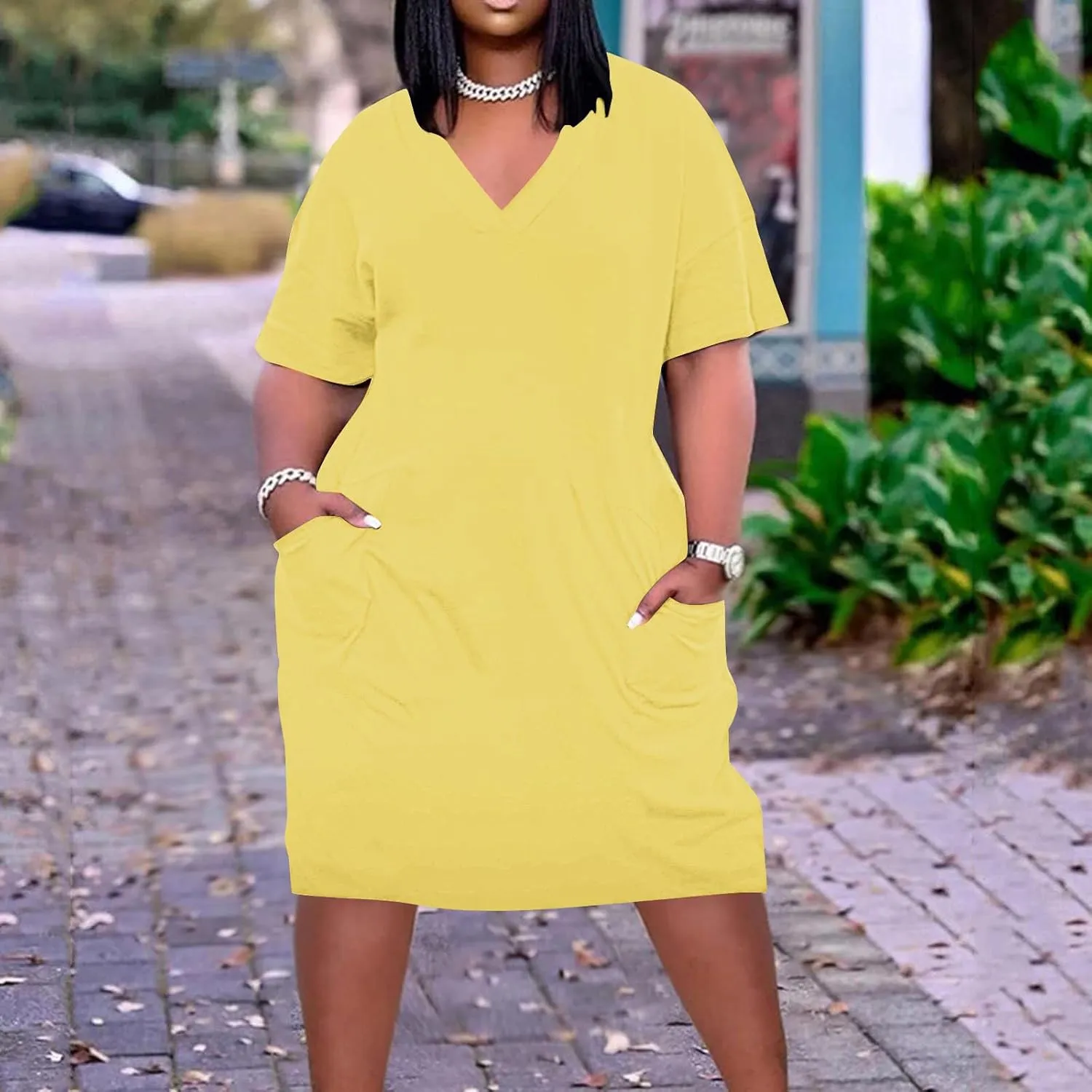 Plus Size Summer Dresses for Women 2024 Midi Dresses Short Sleeve Tshirt Dress Sexy V Neck Dresses with Pocket, Small