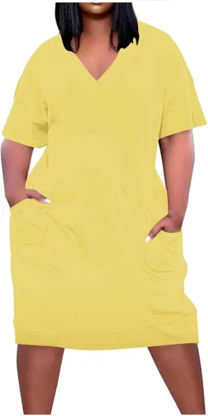 Plus Size Summer Dresses for Women 2024 Midi Dresses Short Sleeve Tshirt Dress Sexy V Neck Dresses with Pocket, Small