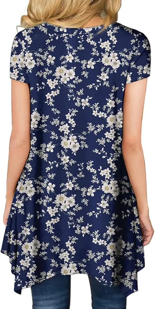POPYOUNG Short Sleeve Shirts for Womens Plus Size Tunic Summer Swing Asymmetrical Long Tops Blouses with leggings