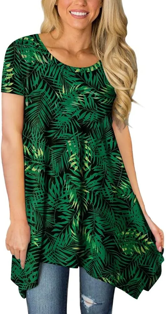 POPYOUNG Short Sleeve Shirts for Womens Plus Size Tunic Summer Swing Asymmetrical Long Tops Blouses with leggings