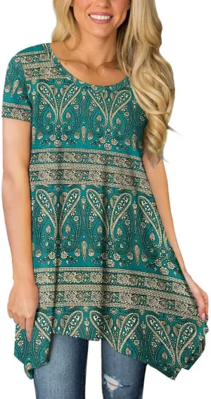 POPYOUNG Short Sleeve Shirts for Womens Plus Size Tunic Summer Swing Asymmetrical Long Tops Blouses with leggings