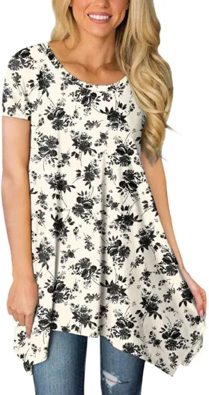 POPYOUNG Short Sleeve Shirts for Womens Plus Size Tunic Summer Swing Asymmetrical Long Tops Blouses with leggings