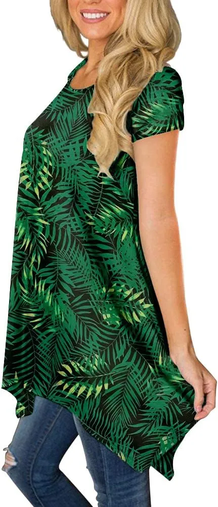 POPYOUNG Short Sleeve Shirts for Womens Plus Size Tunic Summer Swing Asymmetrical Long Tops Blouses with leggings