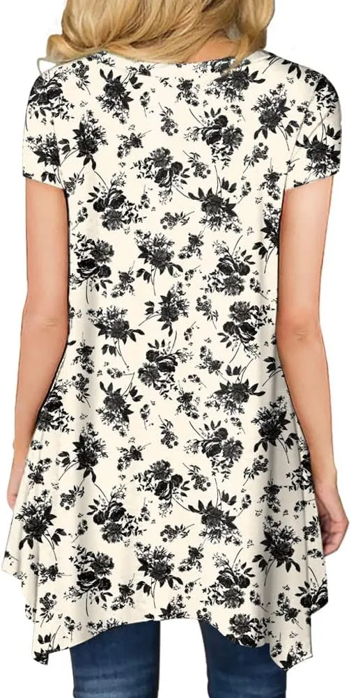 POPYOUNG Short Sleeve Shirts for Womens Plus Size Tunic Summer Swing Asymmetrical Long Tops Blouses with leggings