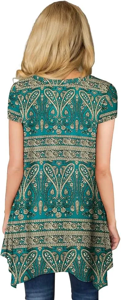 POPYOUNG Short Sleeve Shirts for Womens Plus Size Tunic Summer Swing Asymmetrical Long Tops Blouses with leggings
