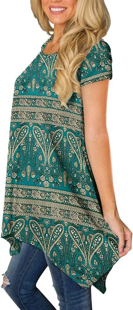 POPYOUNG Short Sleeve Shirts for Womens Plus Size Tunic Summer Swing Asymmetrical Long Tops Blouses with leggings