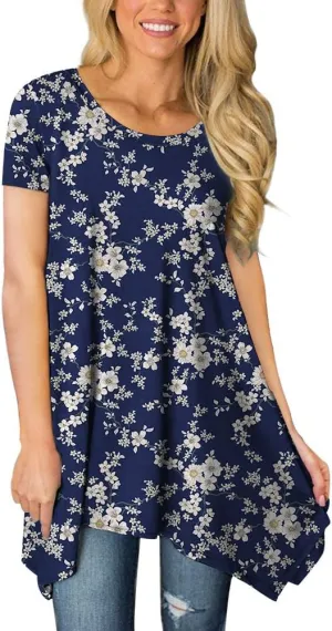 POPYOUNG Short Sleeve Shirts for Womens Plus Size Tunic Summer Swing Asymmetrical Long Tops Blouses with leggings