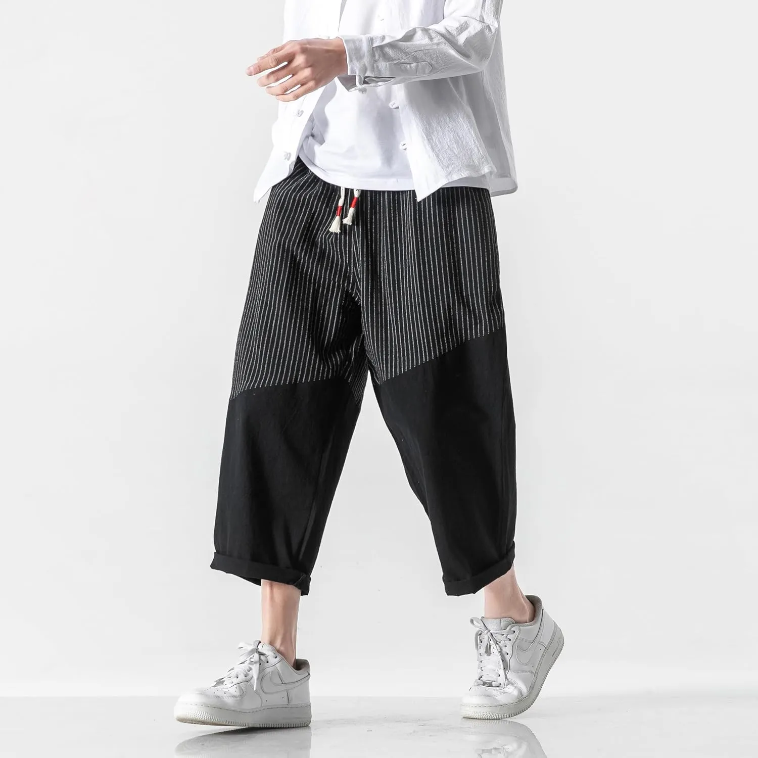 PRIJOUHE Men's Casual Capri Pants Elastic Waist Wide Leg Loose Baggy Harem Pants Breathable Summer Beach Pants