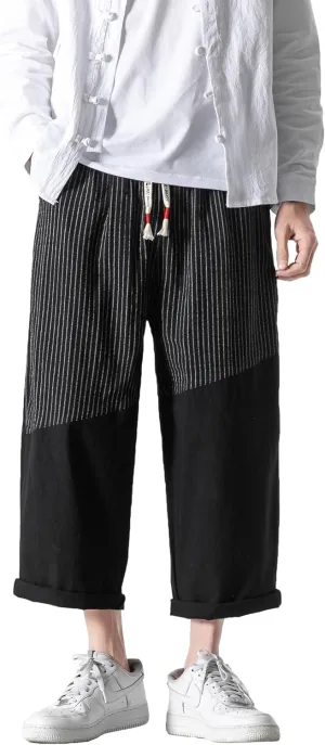 PRIJOUHE Men's Casual Capri Pants Elastic Waist Wide Leg Loose Baggy Harem Pants Breathable Summer Beach Pants