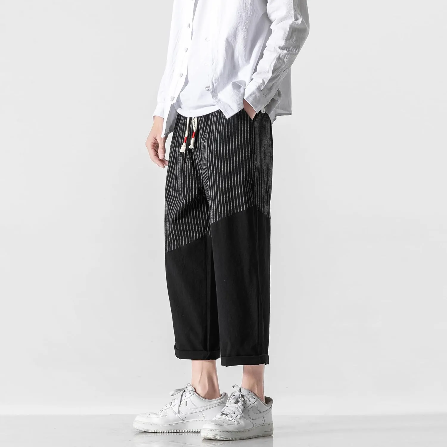 PRIJOUHE Men's Casual Capri Pants Elastic Waist Wide Leg Loose Baggy Harem Pants Breathable Summer Beach Pants