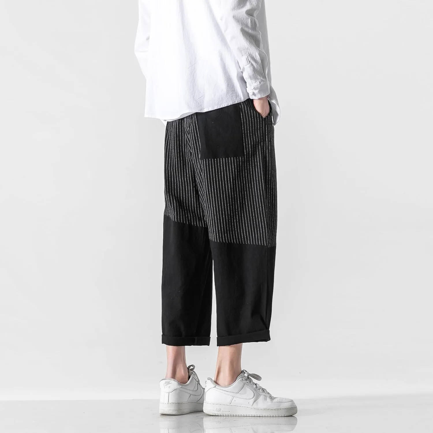 PRIJOUHE Men's Casual Capri Pants Elastic Waist Wide Leg Loose Baggy Harem Pants Breathable Summer Beach Pants