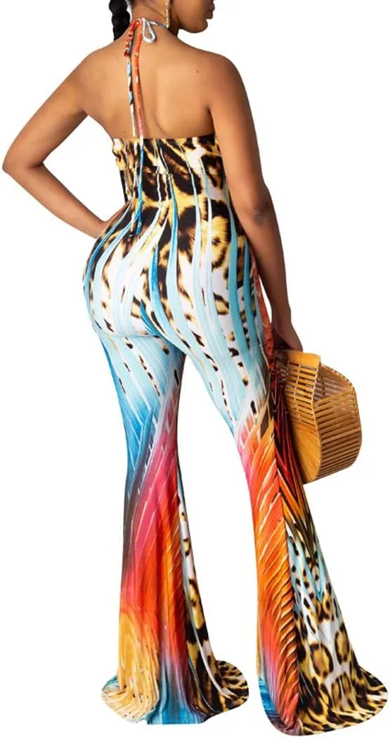Remelon Womens Spaghetti Strap Halter Tie Dye Print Cut Out Bodycon Bell Flare Pants Club Party One Piece Jumpsuits Rompers