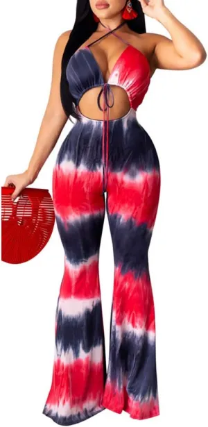 Remelon Womens Spaghetti Strap Halter Tie Dye Print Cut Out Bodycon Bell Flare Pants Club Party One Piece Jumpsuits Rompers