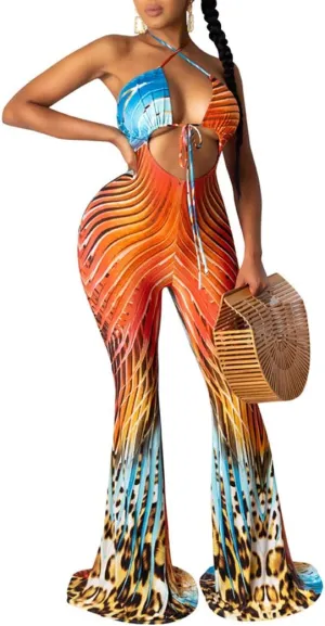 Remelon Womens Spaghetti Strap Halter Tie Dye Print Cut Out Bodycon Bell Flare Pants Club Party One Piece Jumpsuits Rompers