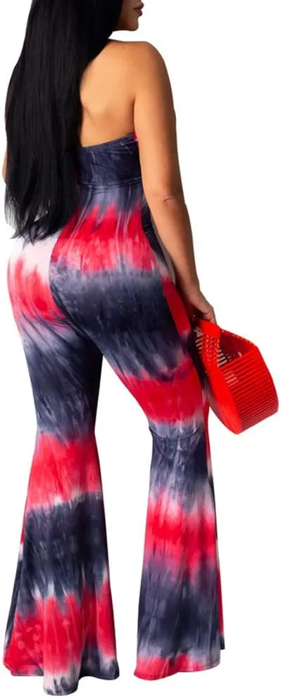 Remelon Womens Spaghetti Strap Halter Tie Dye Print Cut Out Bodycon Bell Flare Pants Club Party One Piece Jumpsuits Rompers