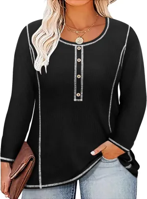 RITERA Plus Size Tops for Women Color Block Long Sleeve Shirts Casual Crewneck Tunics Fall Winter XL-5XL