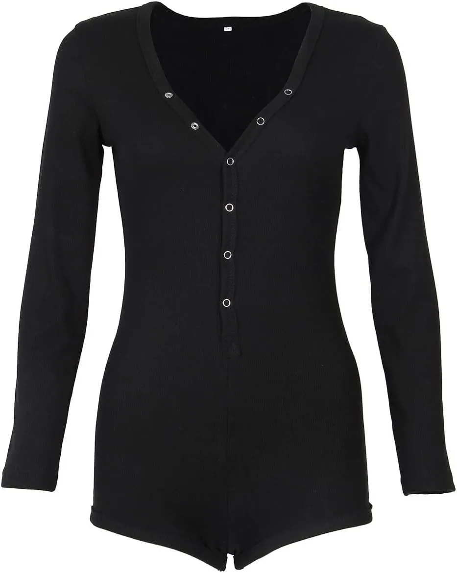 Roselux Women's Sexy Deep V Neck Shorts Long Sleeve Knitted One Piece Bodysuit Sexy Pajama Onesie Bodycon Rompers Overall