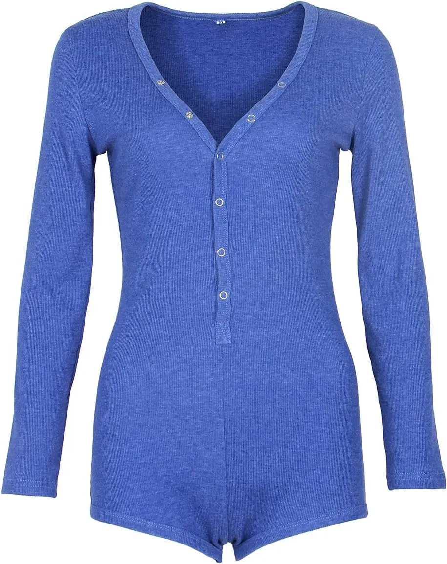 Roselux Women's Sexy Deep V Neck Shorts Long Sleeve Knitted One Piece Bodysuit Sexy Pajama Onesie Bodycon Rompers Overall