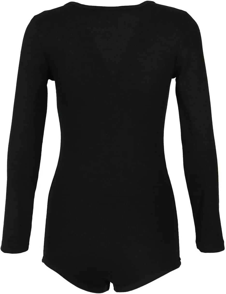 Roselux Women's Sexy Deep V Neck Shorts Long Sleeve Knitted One Piece Bodysuit Sexy Pajama Onesie Bodycon Rompers Overall