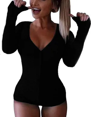 Roselux Women's Sexy Deep V Neck Shorts Long Sleeve Knitted One Piece Bodysuit Sexy Pajama Onesie Bodycon Rompers Overall