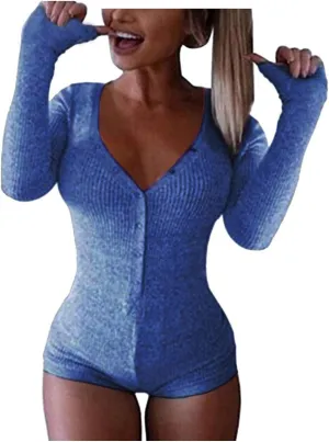Roselux Women's Sexy Deep V Neck Shorts Long Sleeve Knitted One Piece Bodysuit Sexy Pajama Onesie Bodycon Rompers Overall