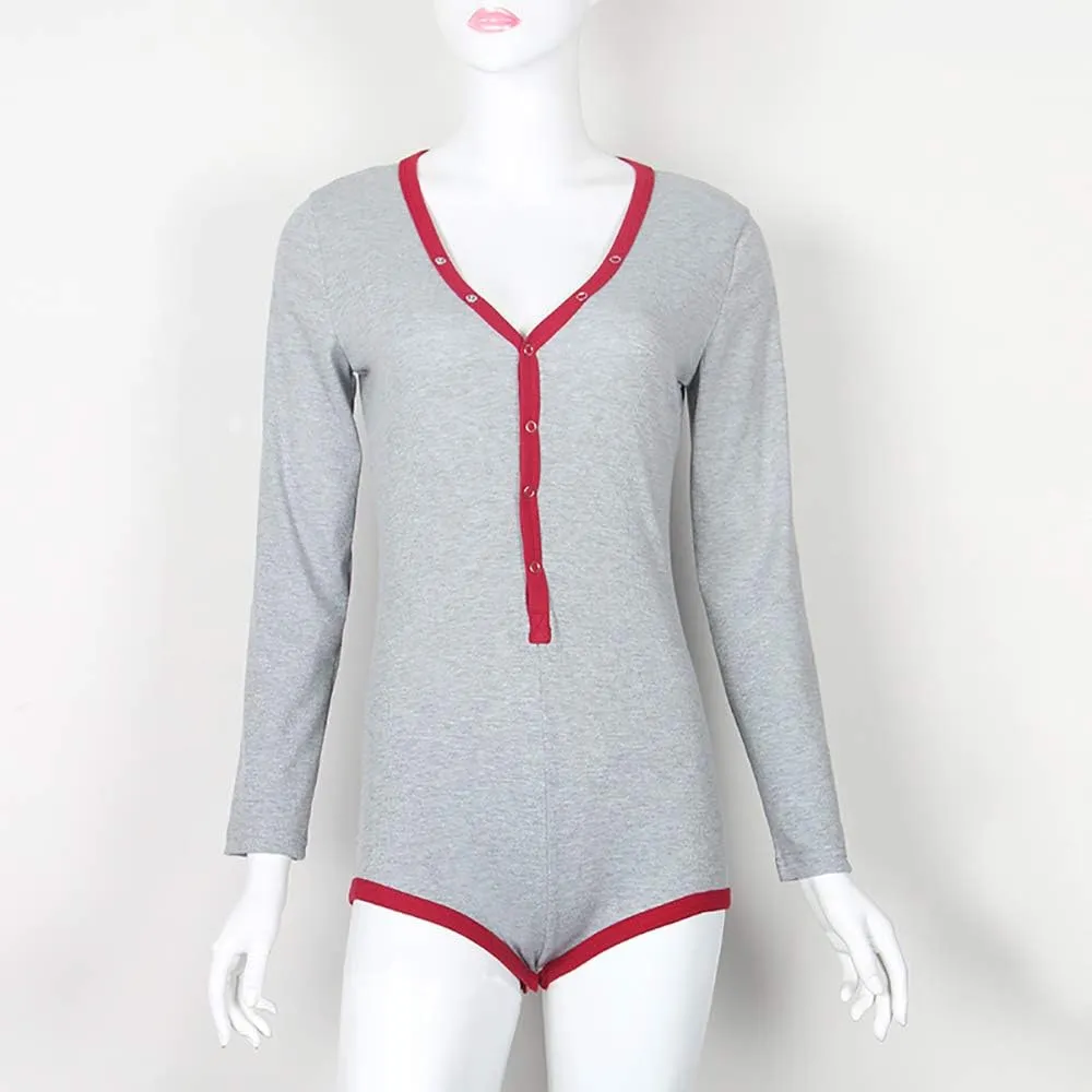 Roselux Women's Sexy Deep V Neck Shorts Long Sleeve Knitted One Piece Bodysuit Sexy Pajama Onesie Bodycon Rompers Overall