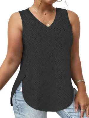 ROSRISS Plus-Size-Tank-Tops for Women Summer Casual Shirts Sleeveless V Neck Shirts Eyelet Side Split Tunics XL-5XL