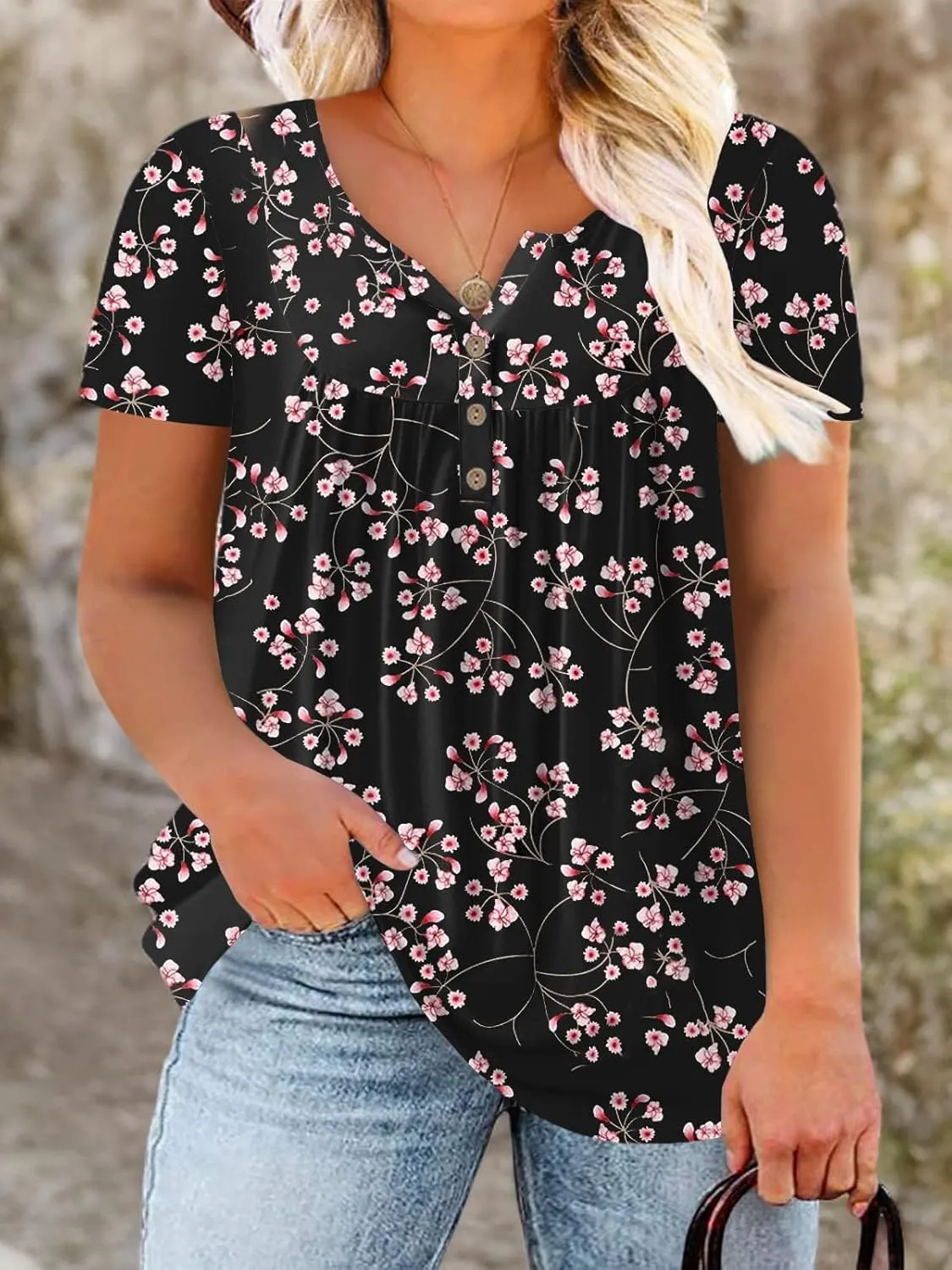 ROSRISS Womens-Plus-Size-Tops-Summer Buttons Up Henley Shirts V Neck Blouses Flowy Pleated Tunics Tee