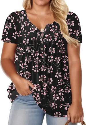 ROSRISS Womens-Plus-Size-Tops-Summer Buttons Up Henley Shirts V Neck Blouses Flowy Pleated Tunics Tee