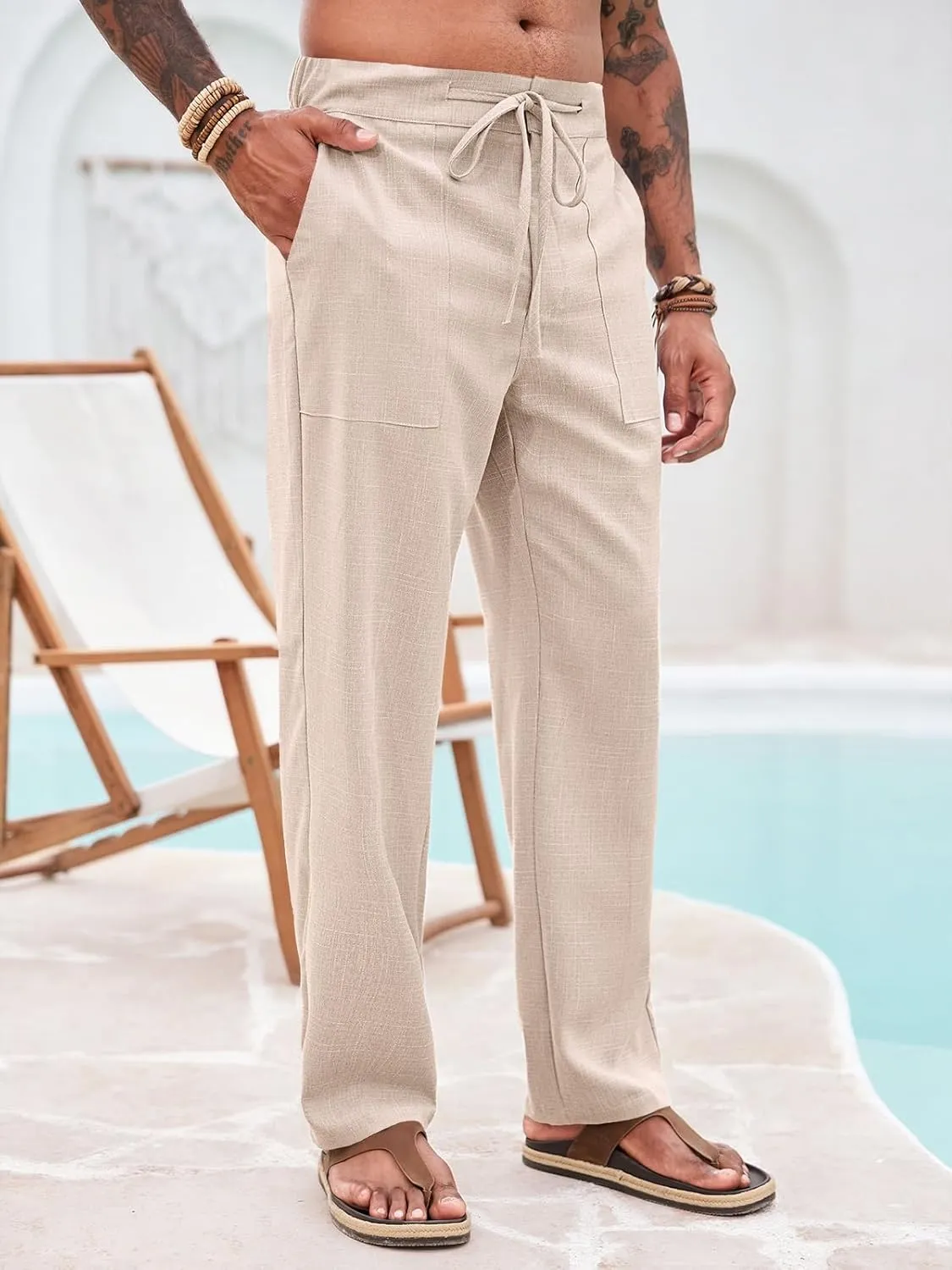 Runcati Mens Casual Pants Elastic Waist Drawstring Pants Lightweight Summer Beach Yoga Linen Trousers