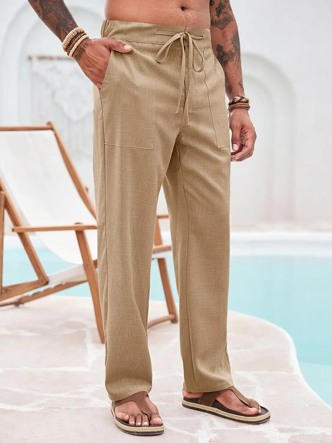 Runcati Mens Casual Pants Elastic Waist Drawstring Pants Lightweight Summer Beach Yoga Linen Trousers