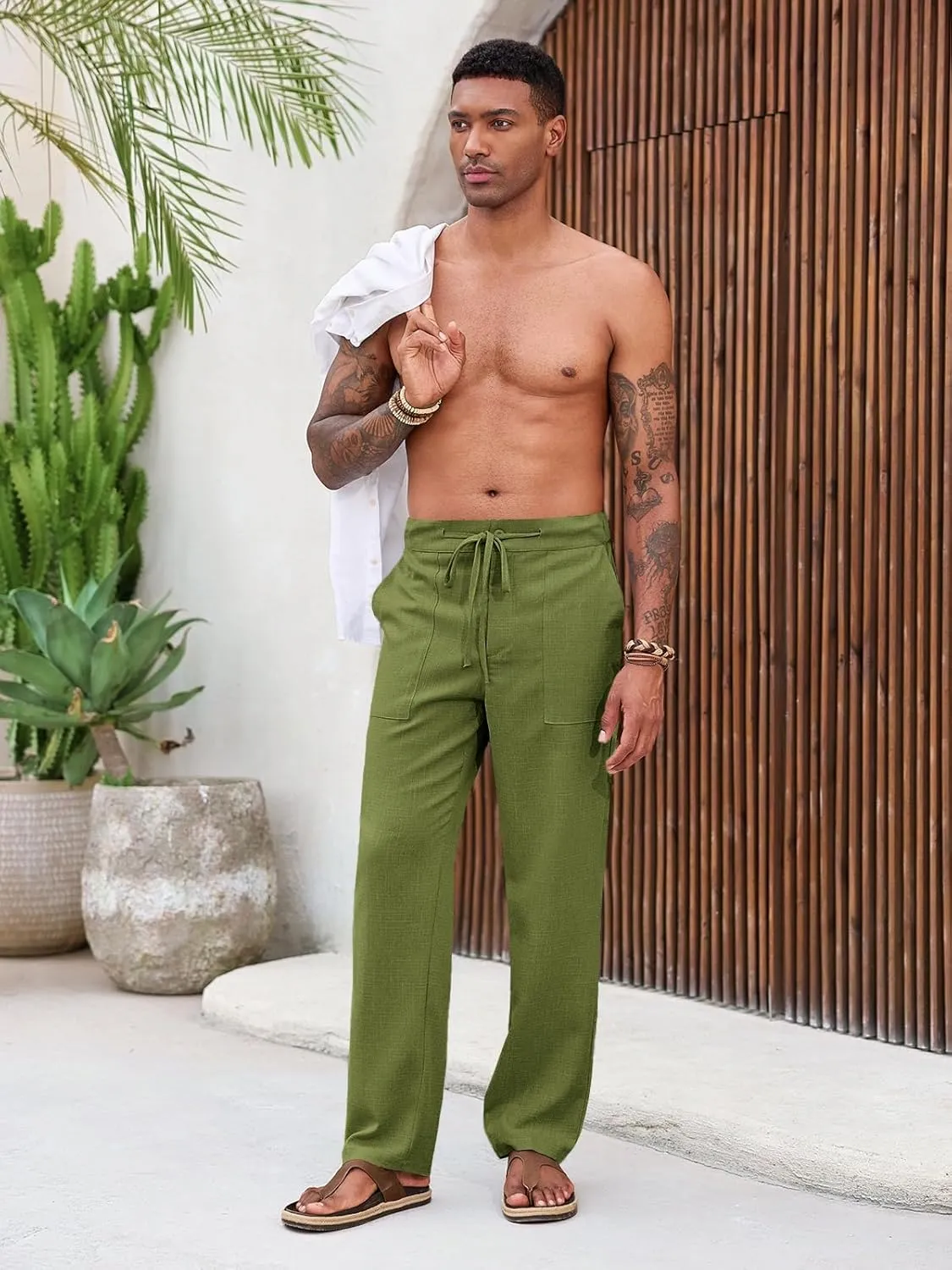 Runcati Mens Casual Pants Elastic Waist Drawstring Pants Lightweight Summer Beach Yoga Linen Trousers