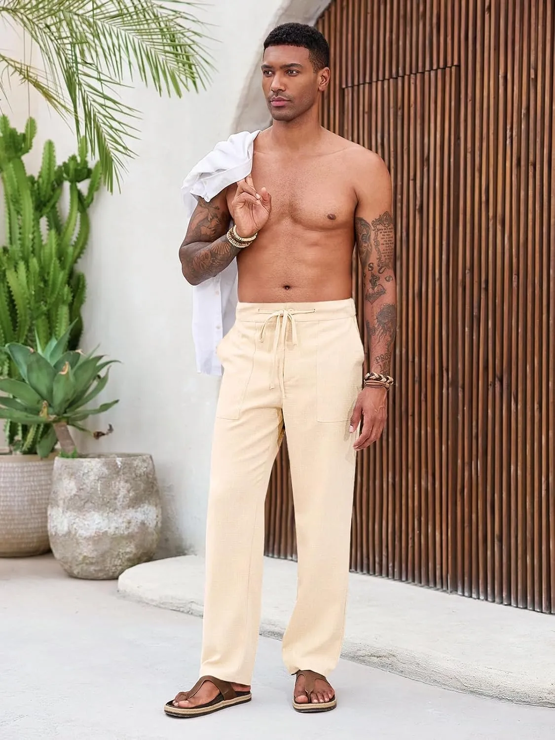 Runcati Mens Casual Pants Elastic Waist Drawstring Pants Lightweight Summer Beach Yoga Linen Trousers